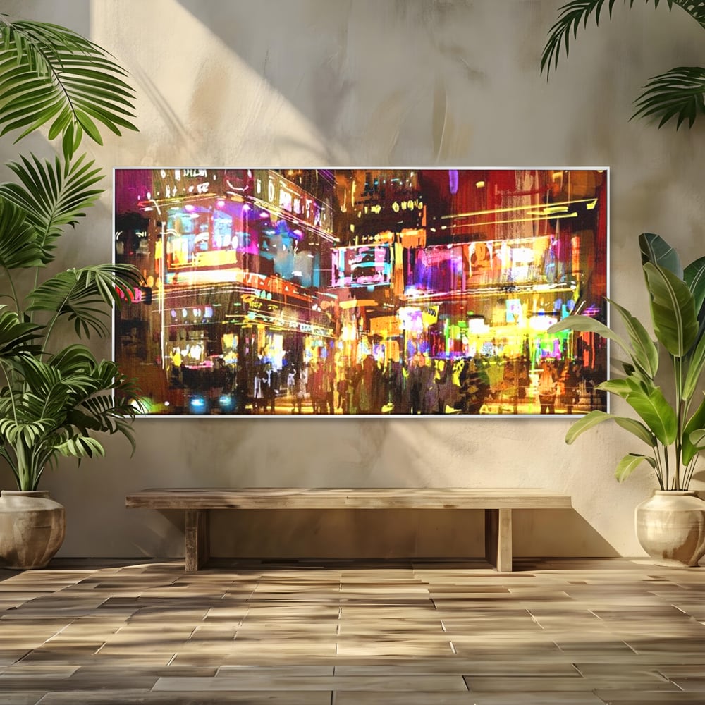 Tablou canvas cu pictura stradala urbana in neon, in rama de aluminiu argintiu